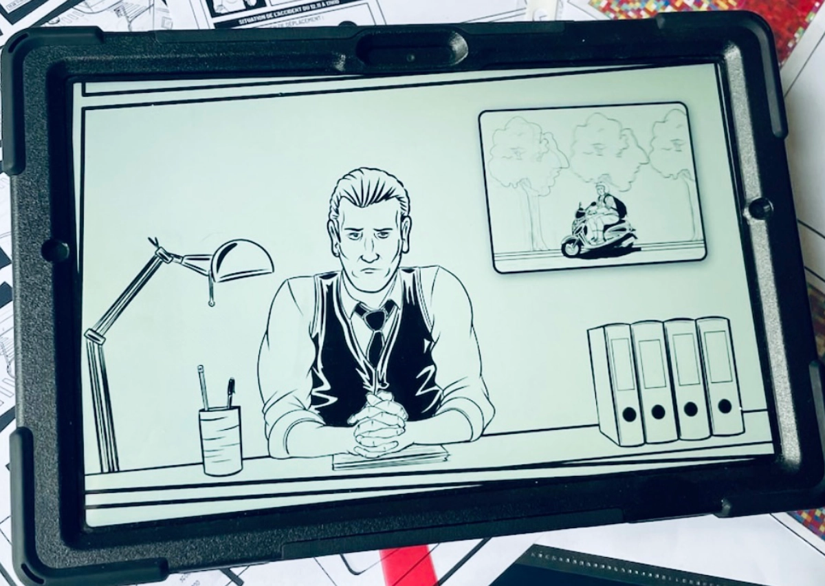Tablette de jeu affichant une scène narrative illustrée dans Seconde Chance, escape game de sensibilisation aux conséquences des accidents de la route.