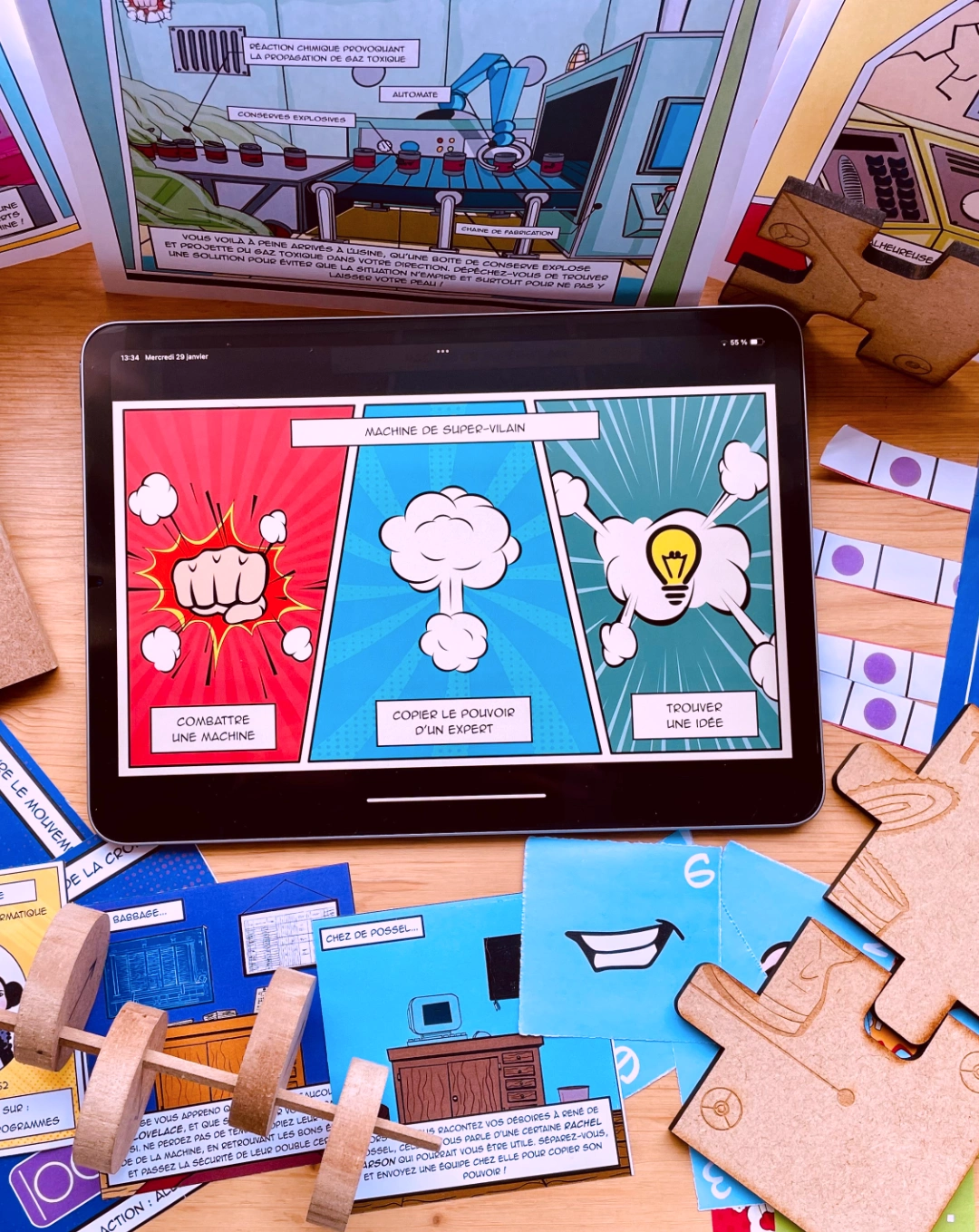 Kit d’escape game éducatif STEM combinant supports numériques, éléments manipulables et narration ludique pour la médiation scientifique.