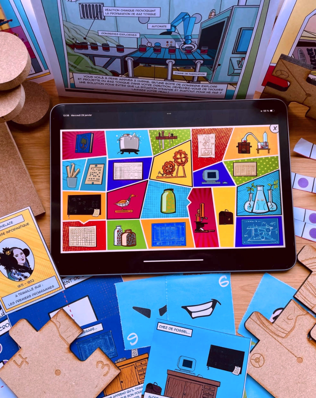 Escape game éducatif STEM sur tablette, mêlant énigmes scientifiques, manipulation de cartes et univers graphique pour apprendre les sciences par le jeu.